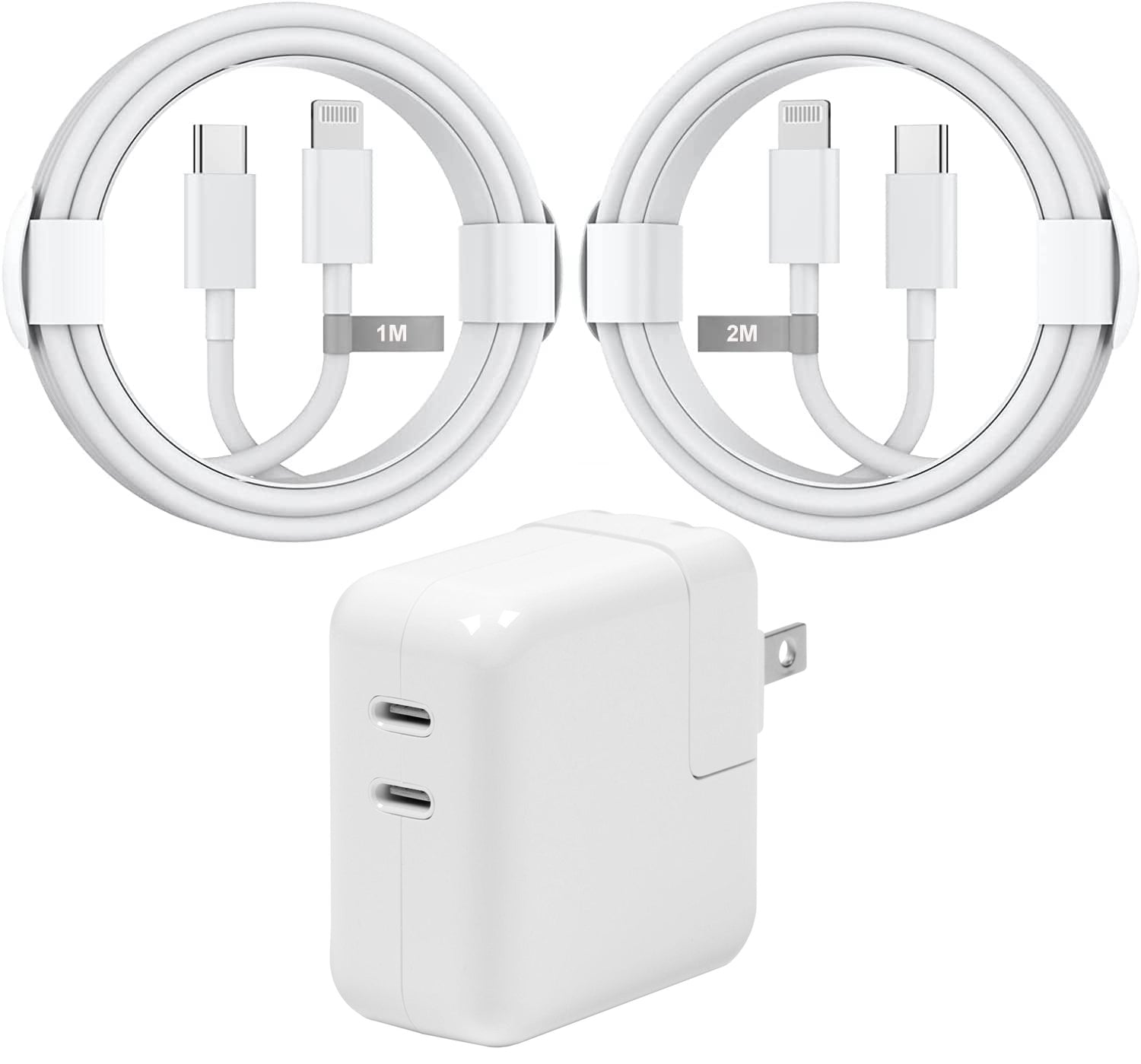 Adaptateur secteur double USB-C 35 W, chargeur mural rapide et câble USB-C vers Lightning (1 m et 2 m) Adaptateur secteur double USB-C 35 W, chargeur mural rapide et câble USB-C vers Lightning (1 m et 2 m)